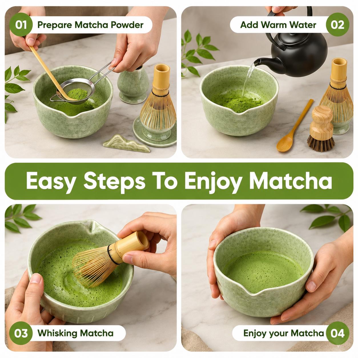 10-Pieces Bamboo Matcha Whisk Set - 450ml Matcha Bowl, Whisk Holder, Scoop, Spoon, Sifter, Scoop Holder, Silicone Coaster, Tea Brush, Cleaning Cloth (Kitchenware Tea-Making Tools for Enthusiasts)