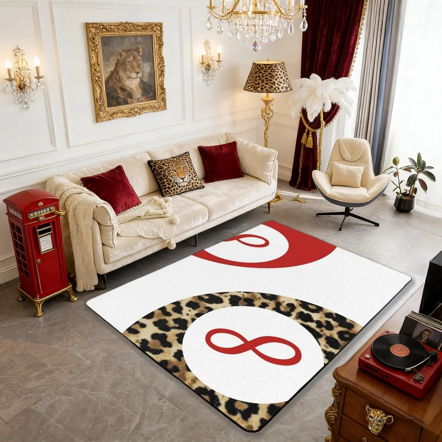Lucky 8 Ball Area Rug,Leopard Funky K Coquette Indoor Floor Mat Entrance Rug,Preppy Cheetah Trendy Non Slip Rug,White Red Brown Couch Living Room Decor