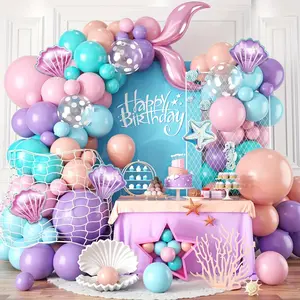 167 mermaid themed balloon arch and wreath set, including pink, purple, and orange balloons, as well as shell and mermaid tail balloons, perfect for ocean themed birthday celebrations or summer party decorations for mermaid princesses