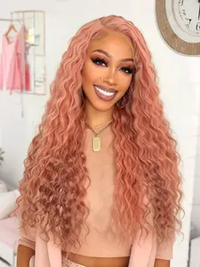 Dirty Peach Pink Deep Wave Lace Front Wig  13x4 HD Transparent Synthetic Lace Frontal Wigs for Women, Long Loose Curly Smooth Sleek Wigs with Pre-Plucked Natural Hairline, Heat Resistant Fiber Wig for Music Festival, Cosplay, Party Outfits 28 Inch,