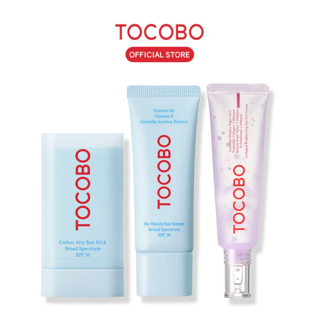 [TOCOBO Official] SPF Sun Duo & Dark Circle Savior Set, Collagen Brightening Eye Gel Cream & Bio Watery Sunscreen & Cotton Airy Sun Stick SPF 50 Broad Spectrum, Lightweight Glow Skincare Set