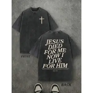 Oversize Acid Wash Christian Shirt Retro Washed T- Shirt Double Sided Printed 230 Pure Cotton Jesus Died For Me Now I Live For Him Letter Print Gift Men's Casual Comfortable y2k Vintage Streetwear Festive Top