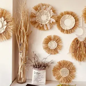 Woven Wood Raffia Wall Hanging Ornaments - Hangable, Japanese-Moroccan Style Home Decor with Included Box for Hotels, Guesthouses