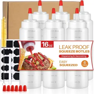 Squeeze Bottles, 16oz Leak-Proof Wide Mouth Condiment Squeeze Bottles for Liquids Sauces Ketchup Oil, 6 Pack