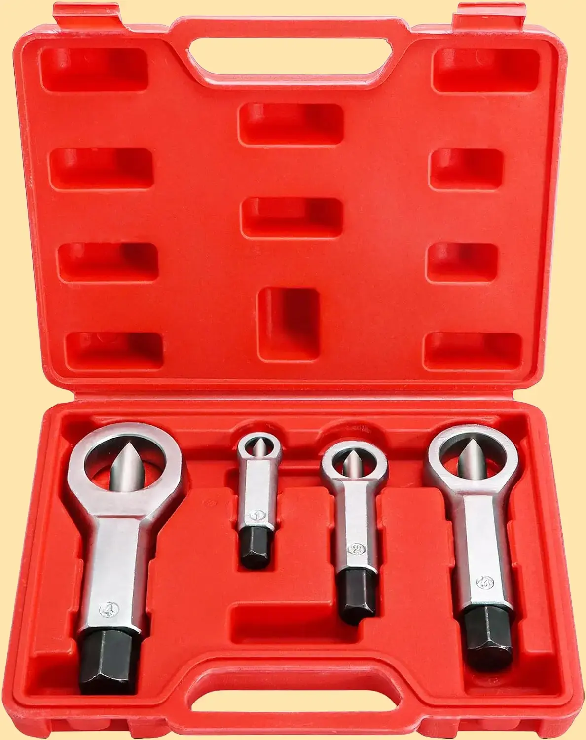 4PCS Nut Splitter Set for Removing Corroded Stuck Broken Nuts, Manual Pressure Nut Splitter Kit with Compact Tool Caddy for Removing Damaged Nuts 9-27mm
