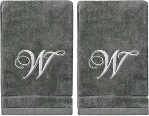 Monogrammed Towels Fingertip, Personalized , 11 x 18 Inches - Set of 2-  Embroidered Towel - Extra Absorbent  Cotton- Soft Velour Finish - For Bathroom/ Kitchen/ - Initial W (Gray)