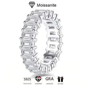 925 Sterling Silver Emerald Moissanite Full Single Row Ring - Light Luxury, Simple Design - Durable AF for Wedding, Daily Wear, Anniversary - Compliments Every Time (Jewelry Making Supply)