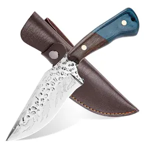 Forged Stainless Steel Meat Knife with Leather Sheath, Hammered Blade Kitchen Boning Knife with Blue & Brown Wood Handle, Sharp Durable Tool for Meat, Fish & Outdoor Cooking outdoorfun