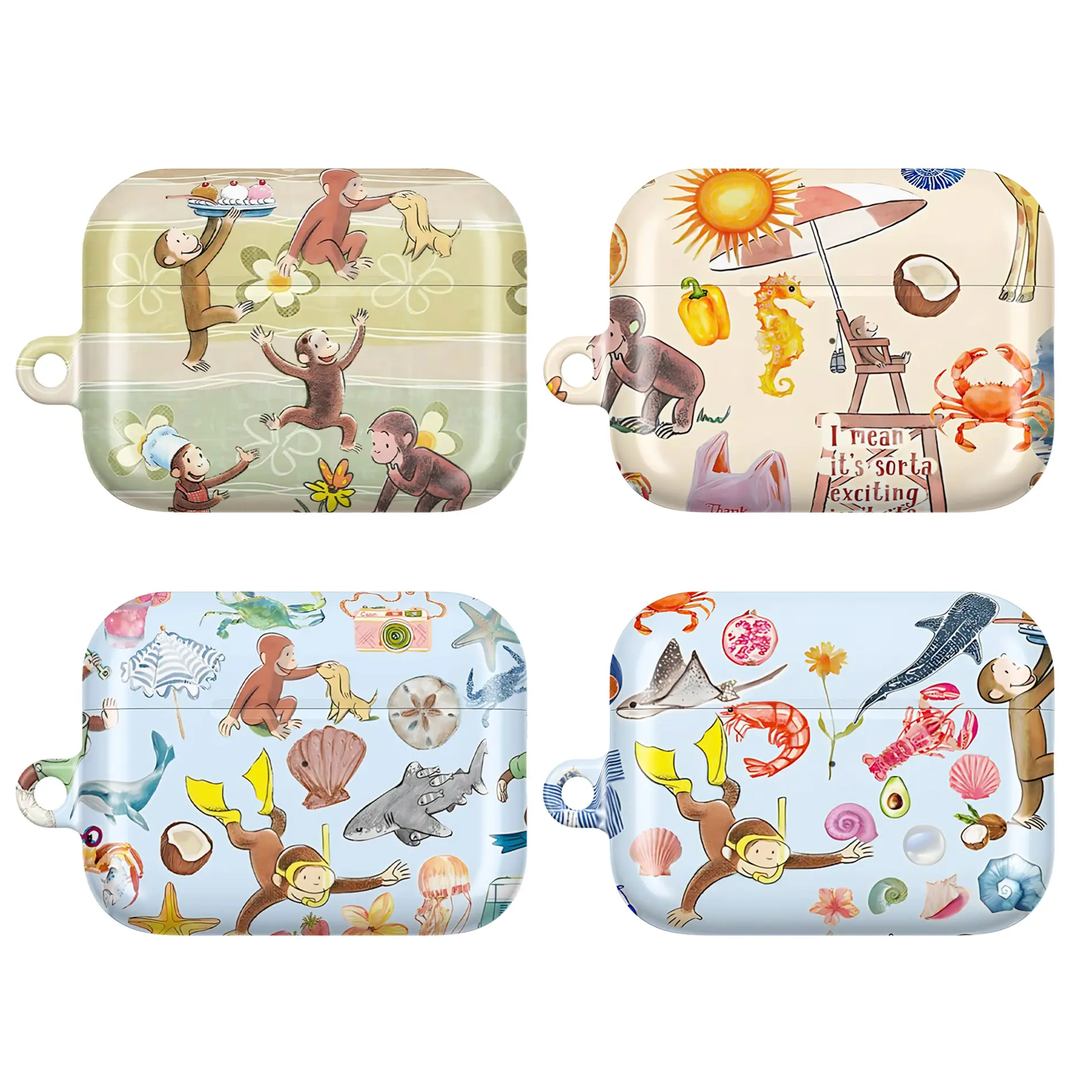 Curious George Beach AirPods Case – Cute Monkey Ocean Seahorse Shark Tropical Summer Cover for AirPods 1 2 3 4 & AirPods Pro 1 Pro 2 Pro 3 | Aesthetic Curious George AirPods Case | Fun Gift for Girls & Monkey Lovers