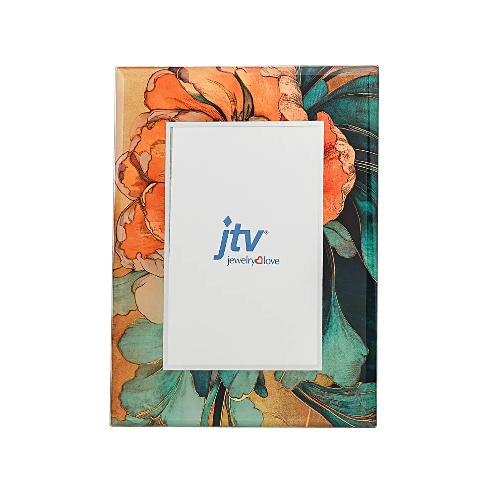 JTV Teal & Orange Floral Print Mirrored Rectangular Glass Frame, 4x6 Photo Frame, Home Decor, Room Decor Accent for Tabletop or Wall Display