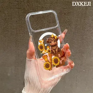 Magnetic Phone Case Supports Wireless Charging for iPhone 17 Pro Max 17 Air 11 12 13 14 15 16 Plus Pro Max Sunflower Lovr Cute Highland Cow  Pattern Non-Yellowing Shockproof Soft Silicone Transparent Acrylic Large Hole Cover