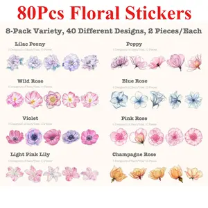 80Pcs/Set Large Size Transparent Waterproof Flower Sticke,Decorative Floral Clear Vinyl Wall Decals for Planner Scrapbook Aesthetic Room Decor Junk Journal Bullet Journals Collage,DIY Hand Tools Kits