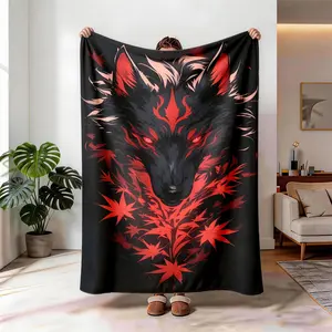 Maple Leaf Wolf Theme Flannel Blanket, Soft Throw Blanket, Large Size, Soft and Lightweight, Perfect for All Seasons, Ideal Gift for Family