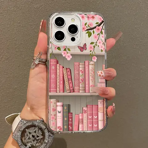TPU Magnetic Cellphone Casing for iPhone 11/12/13/14/15/16/17 Pro Max, Soft Girl Aesthetic Blossom Bookshelf Design, Lightweight, Drop-Resistance, Shockproof, MagSafe-Compatible Protector Accessory for Teen Girls, Cover, Phone Accessories, Drop-Proof, Mul