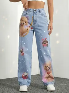 Jeanius Women's High Waist Wide Leg Denim Jeans, Medium Stretch Light Wash, Cute Cupid Puppy & Heart Dog Print, Casual Daily Semi Baggy Jeans