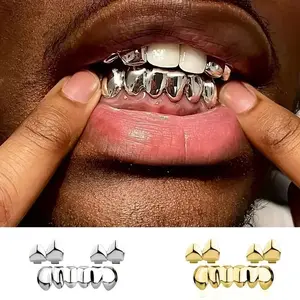 3CPS/Set Gold Silver-Plated Hip Hop Teeth for Mouth Grillz Caps Top&Bottom Grill Set Vampire Teeth for Halloween Party Sets Fangs Masks Silicone