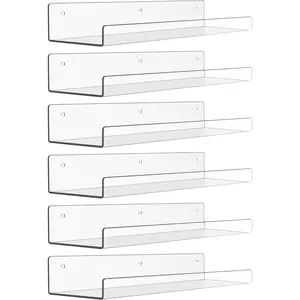 upsimples 6 Pack Acrylic Shelves for Wall Storage, 15" Floating Bookshelves for Kids, Display Shelf Organizer for Bathroom, Bedroom, Living Room, Kitchen, Room Decor, Clear