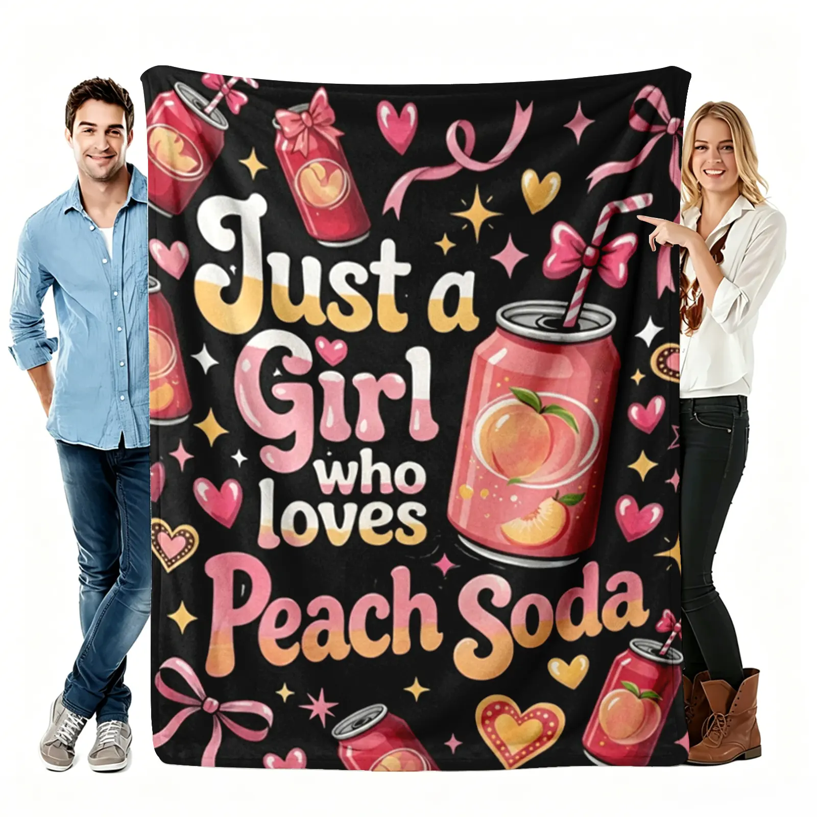 1pc Just A Girl Who Loves Peach Soda Blanket, Cute Peach Soda Flannel Blanket, Soft and Comfortable Blanket, Peach Soda Design Blanket, Suitable for Sofa Bed Decoration, Gift, Birthday Present 50''x60''
