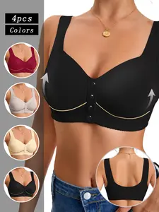 4 Piece Set Front Closure Plus Size Thin Fixed Cup Backless Convenient Bra, No Steel Medium Support Lift Prevent Sagging
