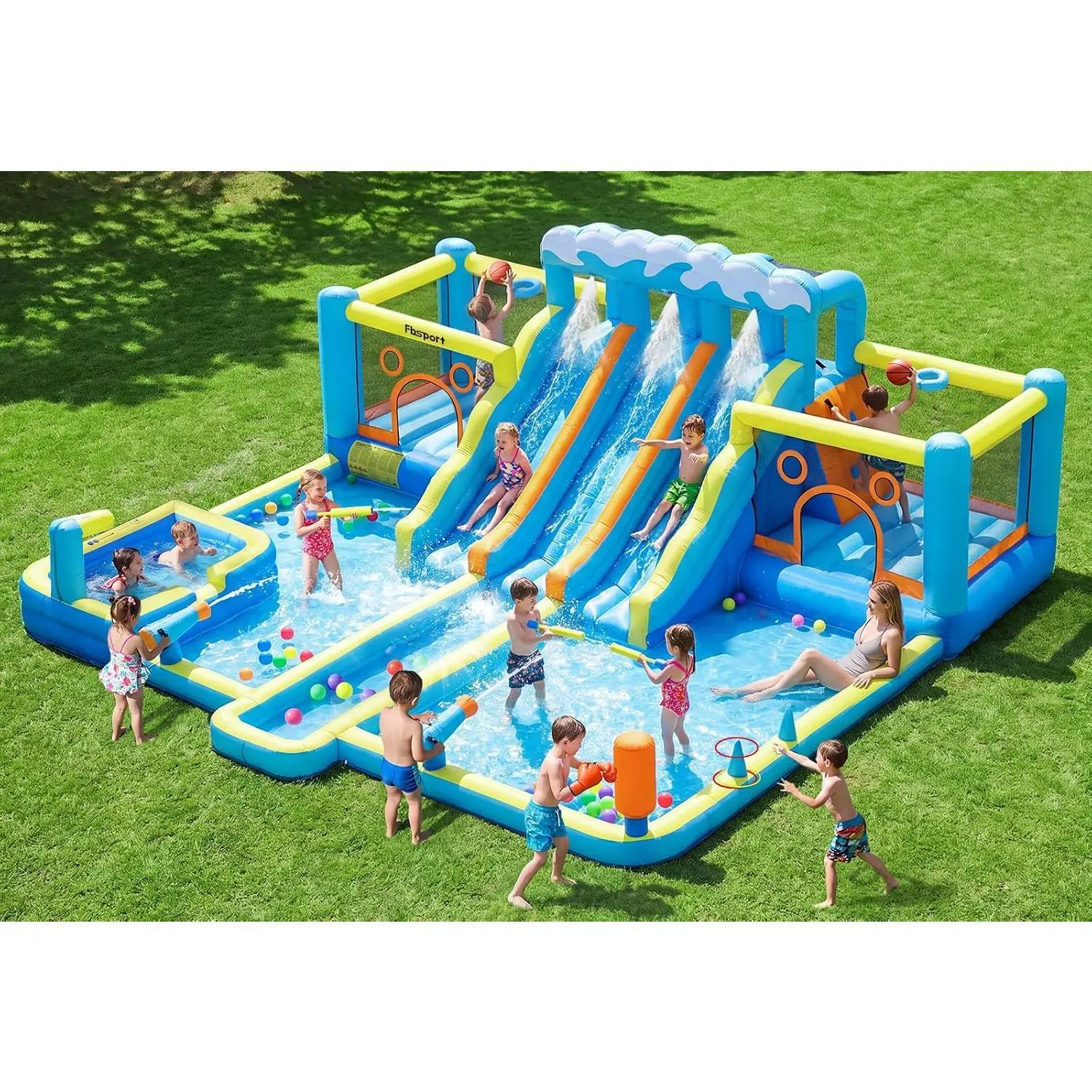 GREGFBSPORT Inflatable Bounce House Water Slide, 3 Slides & 2 Bouncers 10-in-1 Water Slide Park Bounce House with 950W Blower, Bouncy Castle for Kids Backyard Party Outdoor, with Water Gun, Splash Pool