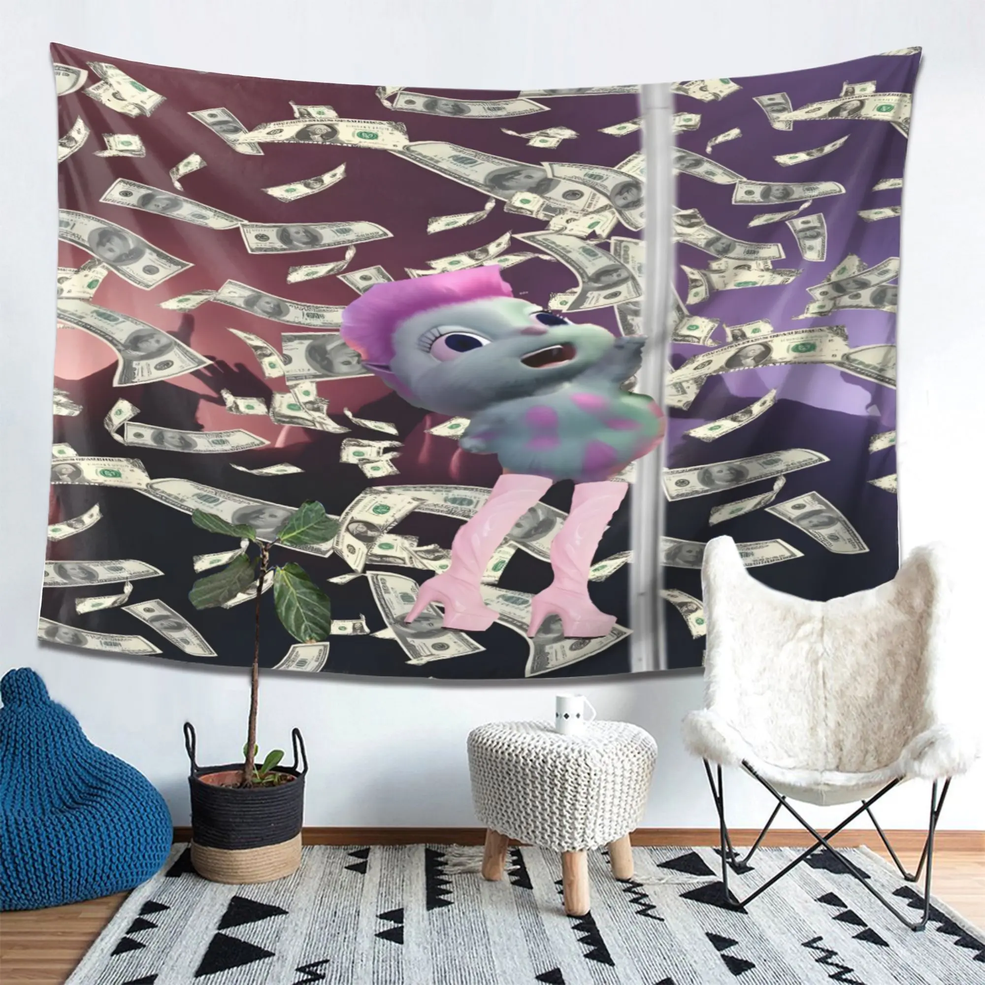/All-in-One Bibble Large Wall Tapestry & Bedspread-like -like Cover - Green Money Bill & Pink Hair Bibble Character Design, Horizontal Pastel Color Palette, Soft Fabric for ' Room Decor, Camping, Sofa Cover - Easy-Care