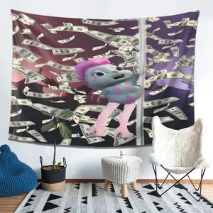/All-in-One Bibble Large Wall Tapestry & Bedspread-like -like Cover - Green Money Bill & Pink Hair Bibble Character Design, Horizontal Pastel Color Palette, Soft Fabric for ' Room Decor, Camping, Sofa Cover - Easy-Care