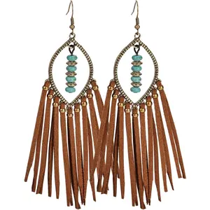 Long Bohemian Fringe Leather Earrrings Handmade Tassel Earrings with Turquoise Christmas Long Dangle Earrings for Women rodeo jewelry