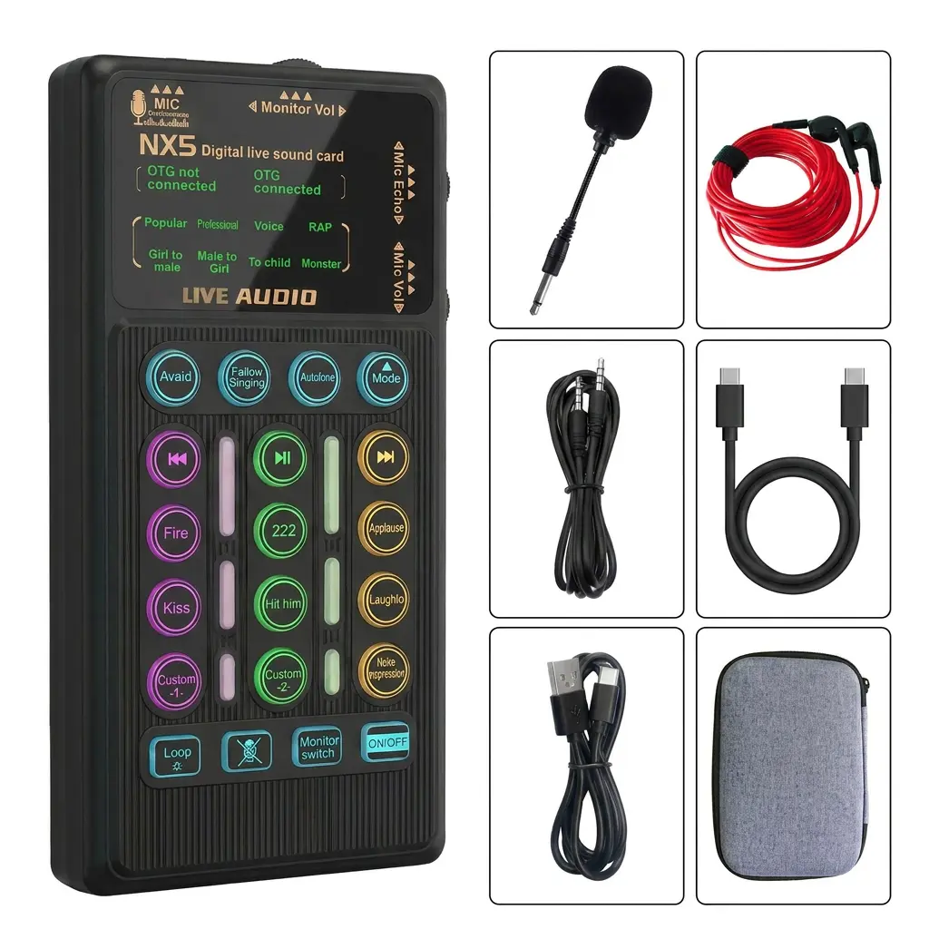 NX5 Portable Voice Changer Set with Microphone, Audio Mixer Kit, Smartphone Digital Sound Converter, Amplifier Speaker for Studio Use