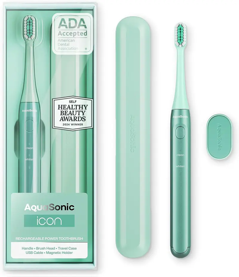 AquaSonic ICON Rechargeable Travel Power Toothbrush - Oral Electric with Soft-Touch Handle, Travel Case, Smart Timers, Mint Green, ADA Approved - Dental Cleaner