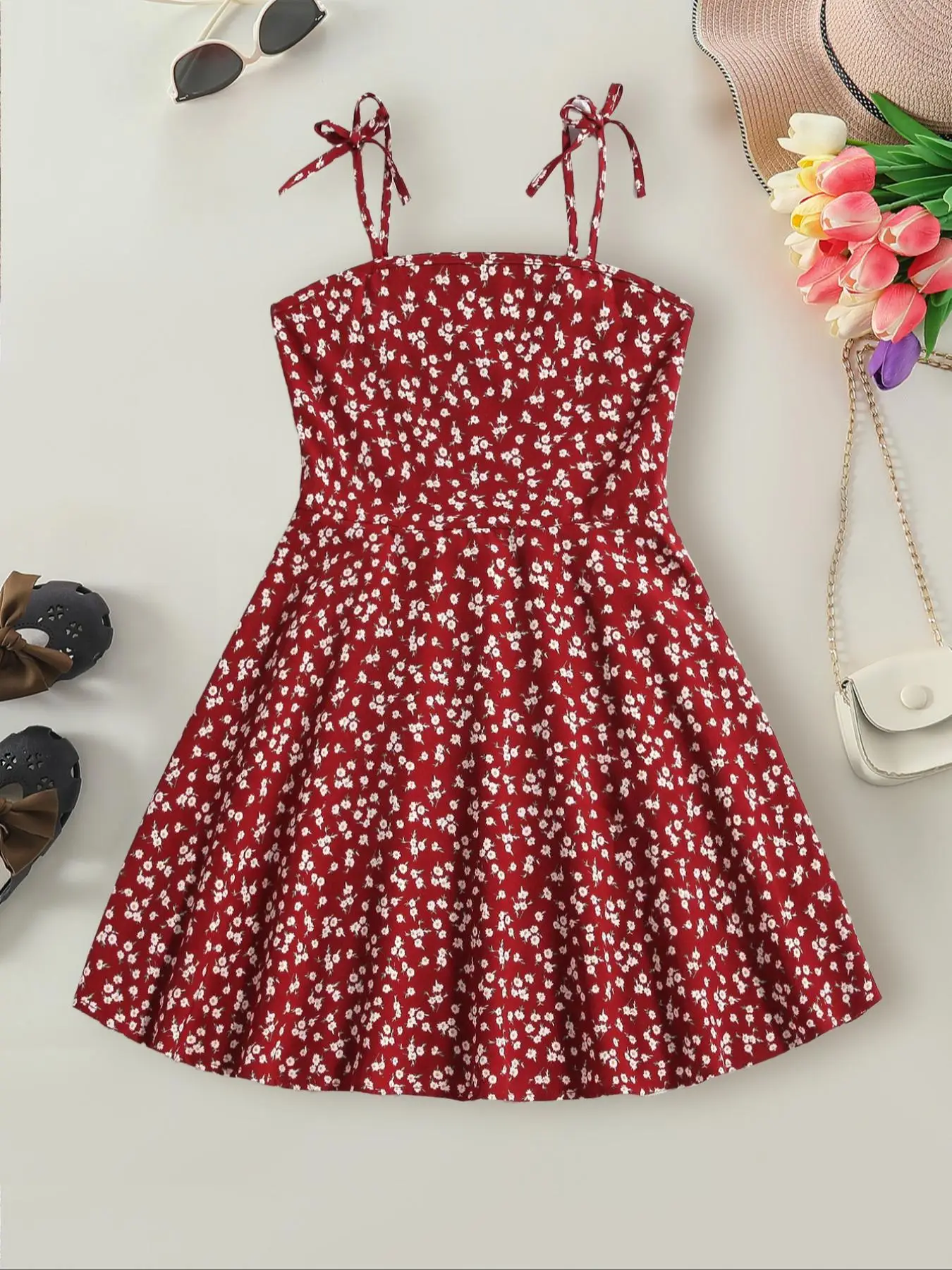 Girl's Ditsy Floral Print Cami Dress, Casual Sleeveless Spaghetti Strap A Line Dress for Summer, Kids Clothes for Daily Wear