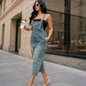 Women's Loose Fit Denim Overalls Cropped Wide Leg Jumpsuit Casual Baggy Jean Romper with Pockets
