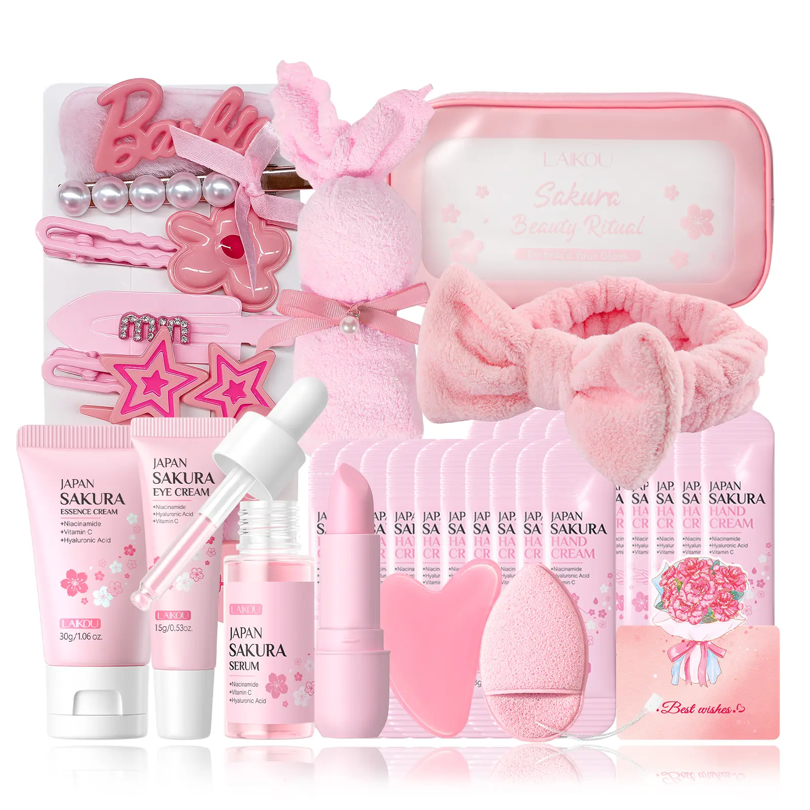 LAIKOU Sakura Travel Size Skincare Set for Teen Girls Ages 10–12, Cherry Blossom Skincare Kit with Serum, Eye Cream, Makeup Bag, Headband & Cute Hair Clips, Mini Self-Care Gifts for Beginner Teens
