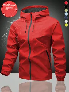 Unisex Plain Waterproof Windproof Drawstring Zip Up Hooded Jacket, Casual Long Sleeve Zipper Pocket Design Outerwear for Outdoor Activities, Men's Clothes for All Seasons, Menswear, Coats