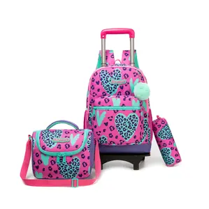 Rolling School Bag Set 3-in-1, Removable 2-Wheel Backpack with Matching Lunch Bag & Pencil Case, Trendy Vibrant Bookbag for Teen Girls kid print cute daily