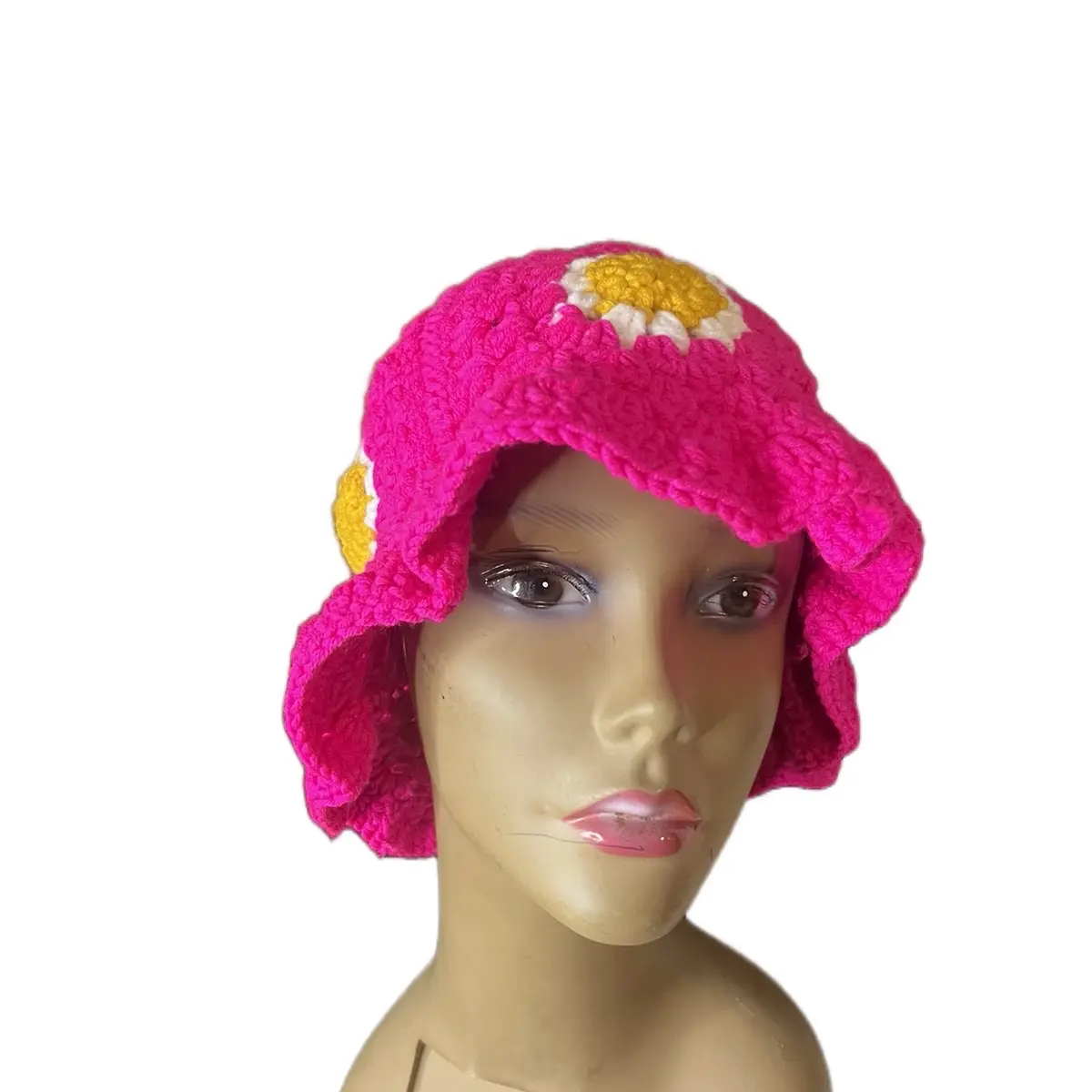 Pink Sunflower Crochet Hat for Women - Handmade Knitted Accessory