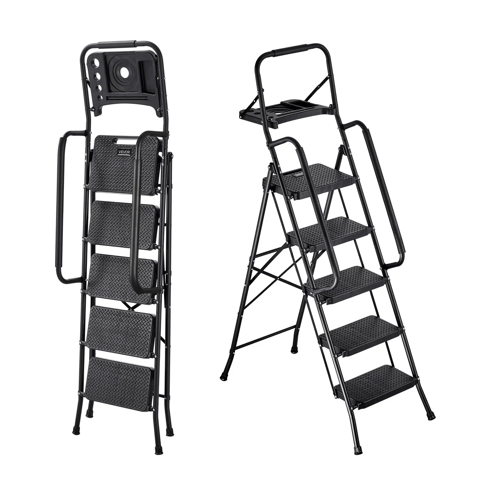 VEVOR Lightweight Foldable 5-Step Steel Ladder, Sturdy Portable Ladder with Wide Anti-Slip Pedals, Tool Tray, Dual Rails, 600 lbs Capacity, Multi-Use for Home, Office, Black, Lightweight Foldable Ladder