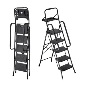 VEVOR 5 Step Ladder, Folding Step Stool with Wide Anti-Slip Pedal, Tool Tray, Dual Side Handrails, 600 lbs Capacity Portable Steel Ladder, Multi-Use for Kitchen, Home, Household and Office, Black