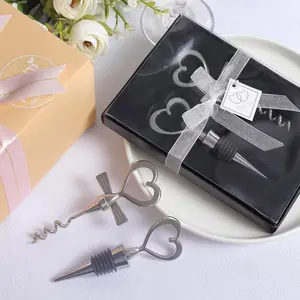 Silver Metal Heart Wine Bottle Opener / Cork Stopper Party Favors Souvenir Gift Set, Wedding Favor in Velvet Box 4.5",5"