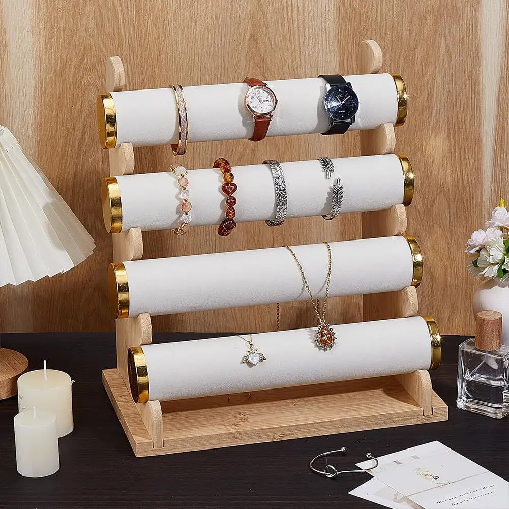 4-Tier Premium Wood Velvet Jewelry Organizer - Soft Plush Anti-Scratch, Detachable Layered Jewelry Storage Rack for Watch, Bangle Display, Vanity Home Organization, Special Celebration Gift