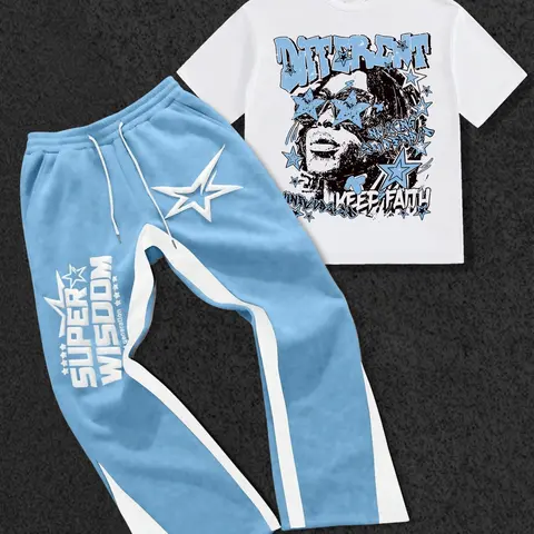 Men's Star and Letter Graphic Print Two-Piece Matching Set, Athletic Crew-Neck Short-Sleeve T-Shirt and Slim-Fit Knitted Trousers Co Ord, Suitable for Casual Everyday Wear in All Seasons Outfits Menswear Activewear Sport