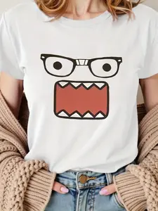 Women's White Nerd Monster Graphic T-Shirt, Casual Cotton Top for Spring & Summer Fun Gatherings & Street Style Looks