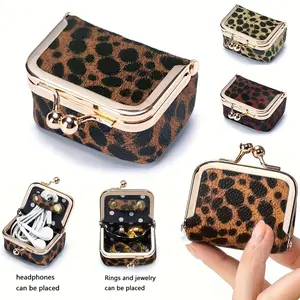 Retro Leopard-Patterned Small Coin Pouch Featuring a Kiss Lock Closure - a Compact Organizer for Women's Jewelry And Additions, with Multiple Compartments for Coins, Headphones, Rings, And Earrings, Also Serving