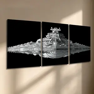 3 Pcs/Set Wooden-Framed Canvas Painting, Monochrome Imperial Star Destroyer Canvas Wall Art, Sci-Fi Spaceship Print with Black Background for Living Room, Bedroom, Office Decoration, Modern Home Decor, Fashion Artistic Ornaments, Artwork