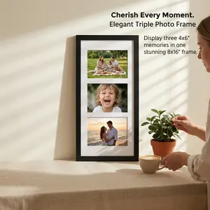 3-Opening MDF Photo Frame for 4x6" Photos| Triple Picture Frame with Real Glass| 24x44cm Home Decor Gallery Frame - Black