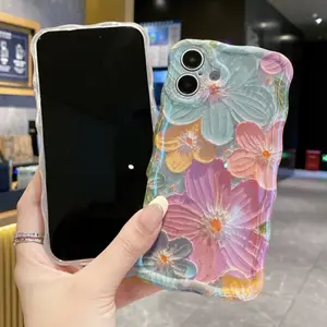 For iPhone 17 16 15 14 13 Pro Max Painting Flower Colorful Curly Wave Edge TPU Girls Women Case
