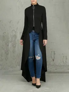 Women Long Dovetail Gothic Trench Coat Front Zipper Up Tailcoat Jacket Casual Collar