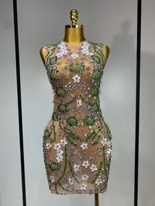 Georgette Sexy Mesh Sheer White Floral Rhinestone Dress