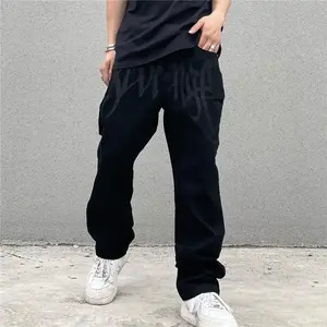 2025 New American Style Embroidered Letters Black Loose Jeans for Men Retro Street Hip Hop Y2K Men's Straight Denim Trousers