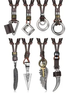 8 Pcs Leather Necklace for Men Women Vintage Pendant Leather Cord Necklaces Black Brown Feather Arrowhead Wolf Tooth Wing Double Ring Sweater Chain Statement Mens Necklace Adjustable Necklace Set