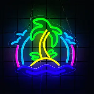 Tropic Palm Tree Neon Signs for Wall Decor Hawaiian LED Neon Lights Coconut Tree Tropic Neon Signs for Bedroom Bar Party Men Cave Game Room Sea Neon Light Sign Tropic Wall Art Decor Led Ambient Lighting